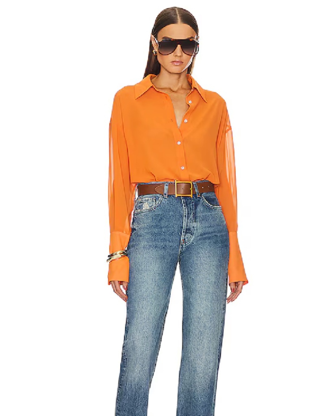 HELSA  Sheer Button Slim Shirt - Orange